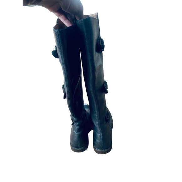Frye Black Leather Knee-High Riding Boot Buckle Harness 5.5 Western Boho Cottage - Picture 4 of 15
